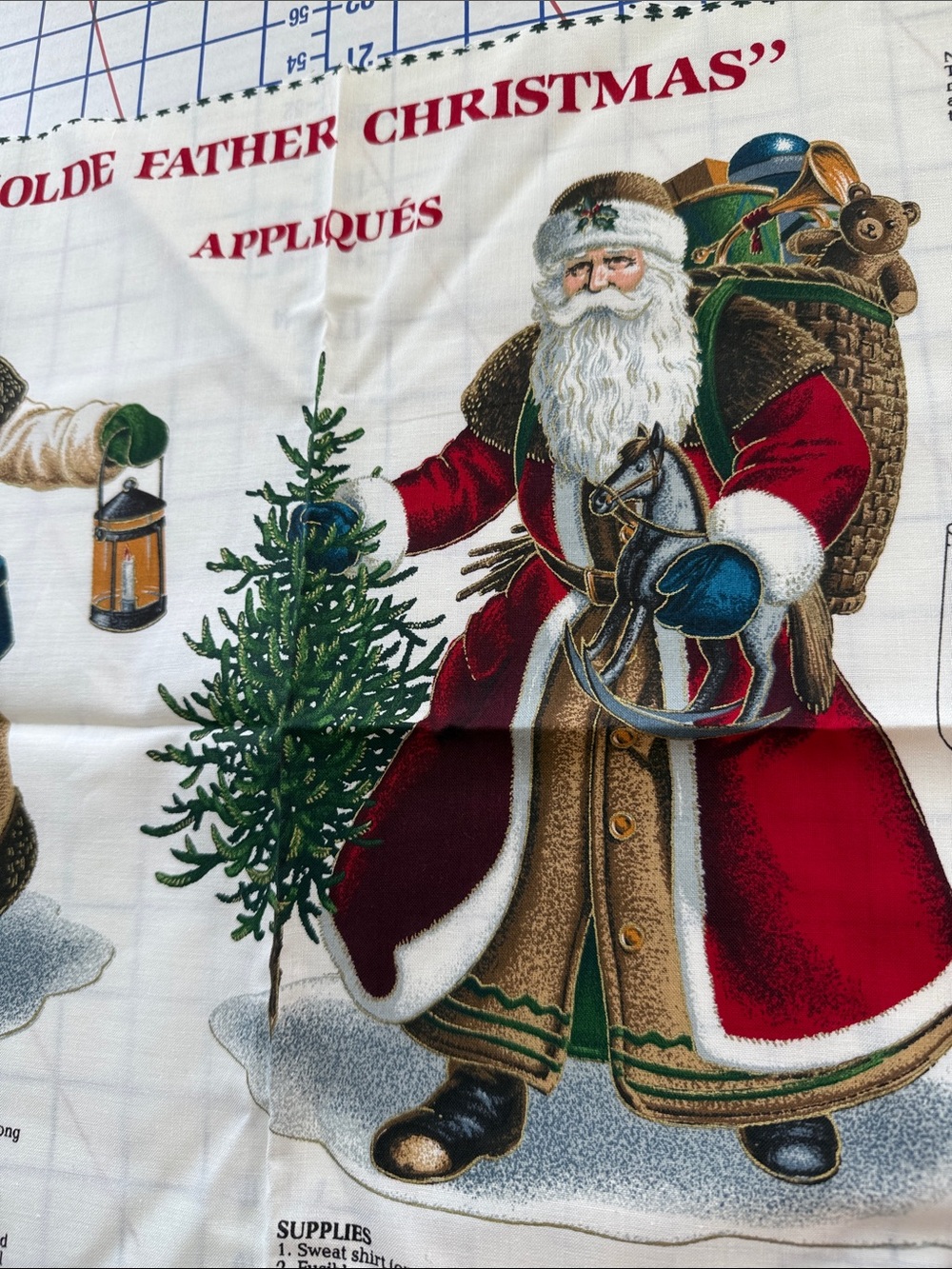 Vintage Olde Father Christmas Fabric Applique Panel Victorian Santa Uncut